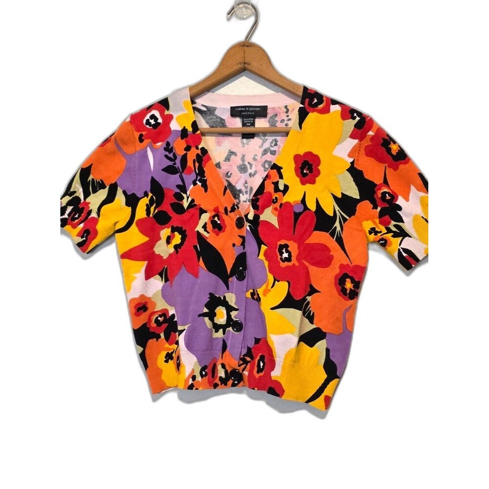 Cable & Gauge Petites Floral Cropped Cardigan Sweater Short Sleeve Size PM